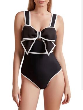 Black One-Piece Swimsuit with White Trim and Front Bow